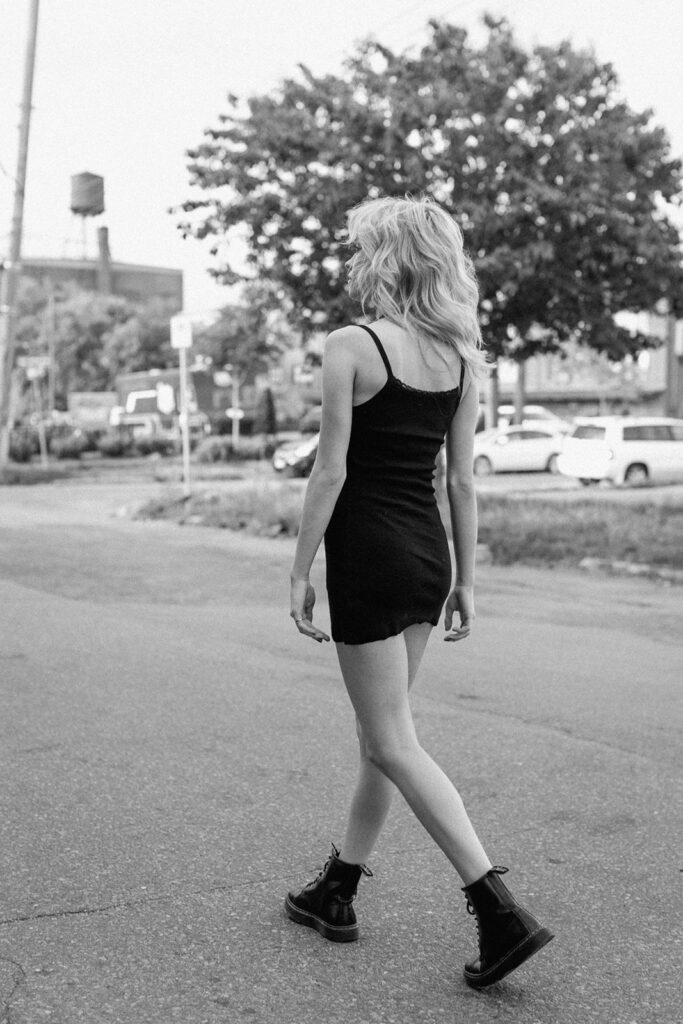 Crossing the street at Northeast Mpls Senior Session