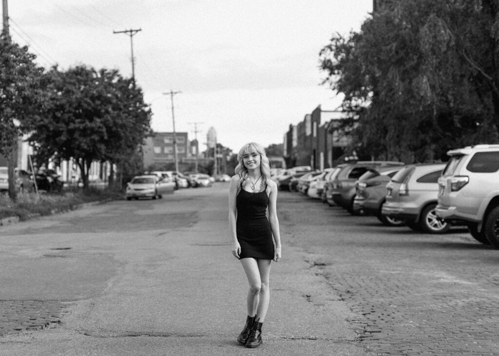 Crossing the street at Northeast Mpls Senior Session