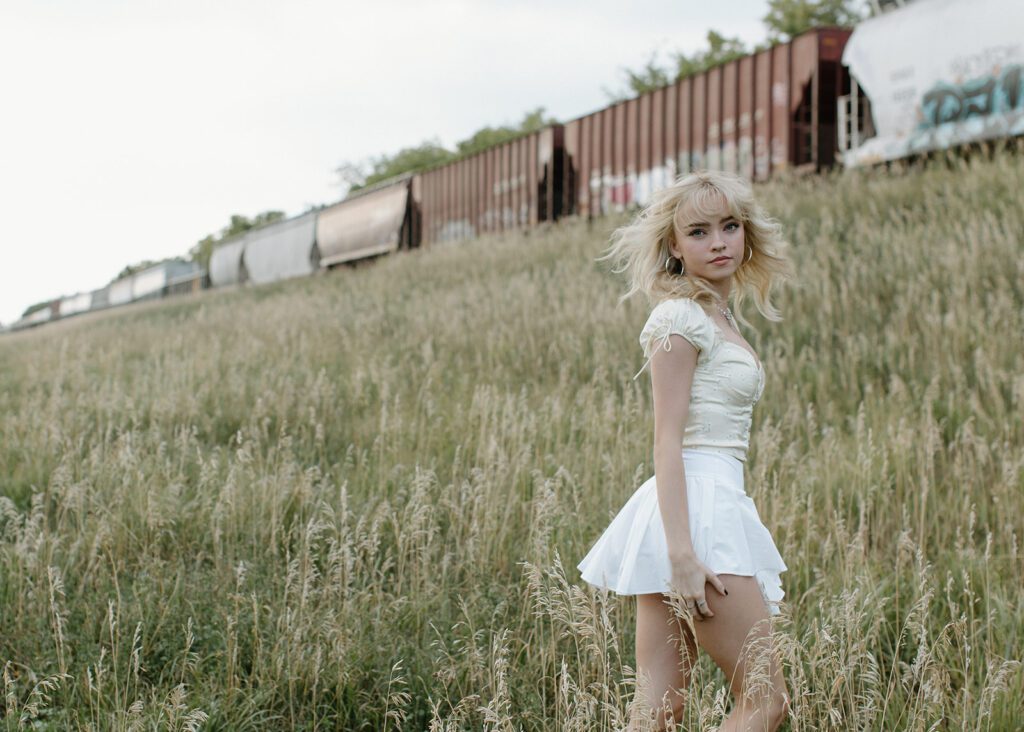 Train goes by at Northeast Mpls Senior Session